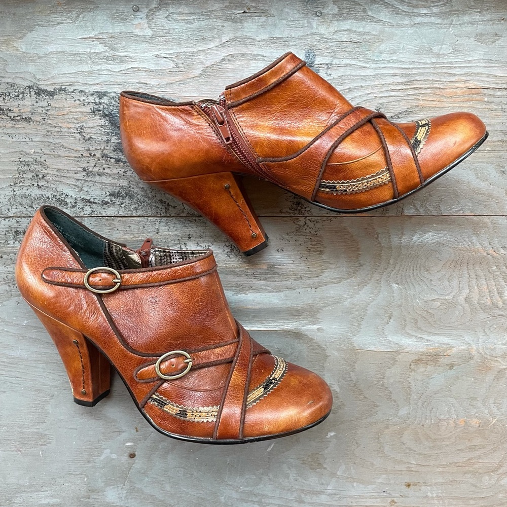 Women's Tan Leather Ankle Booties with Decorative Straps